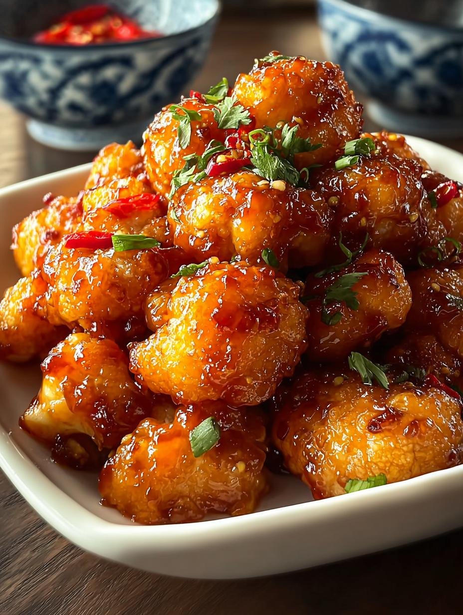 Heerlijke Sweet Chili Fried Cauliflower, perfect goudbruin en knapperig, geserveerd met verse bieslook en sesamzaadjes