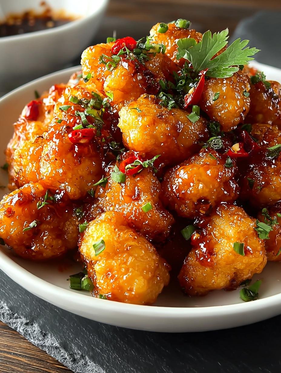 Close-up van Sweet Chili Fried Cauliflower in een kom, rijkelijk bedekt met saus en sesamzaadjes, klaar om te serveren