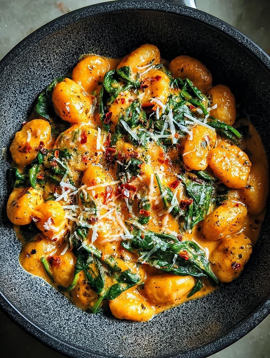 Heerlijke Turbo Gnocchi Met Kuerbis in een kom, rijk aan romige pompoensaus en verse spinazie
