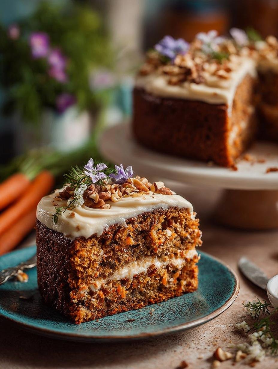 Heerlijke Vegane Kuchenrezepte Karotten Haselnusskuchen met poedersuiker op een houten plank