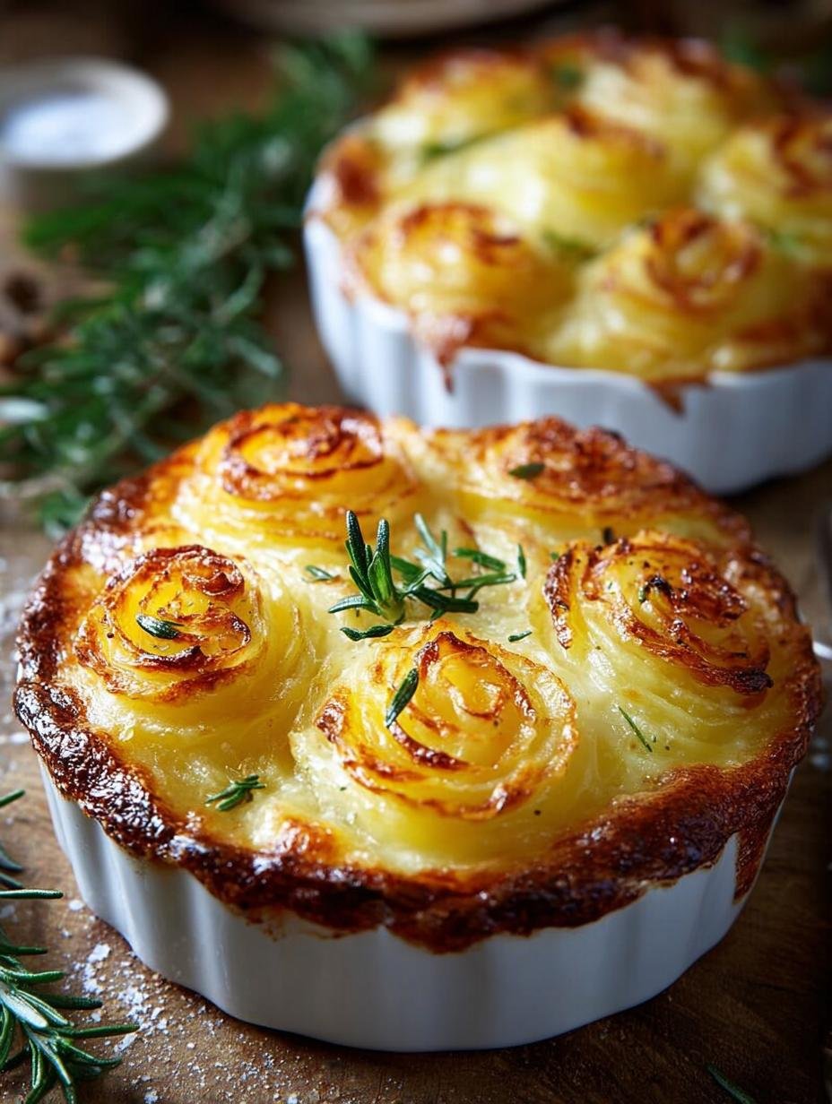 Close-up van een perfect gebakken Vorspeisen Rezepte Kartoffelgratin Rosen, met gesmolten kaas en verse kruiden