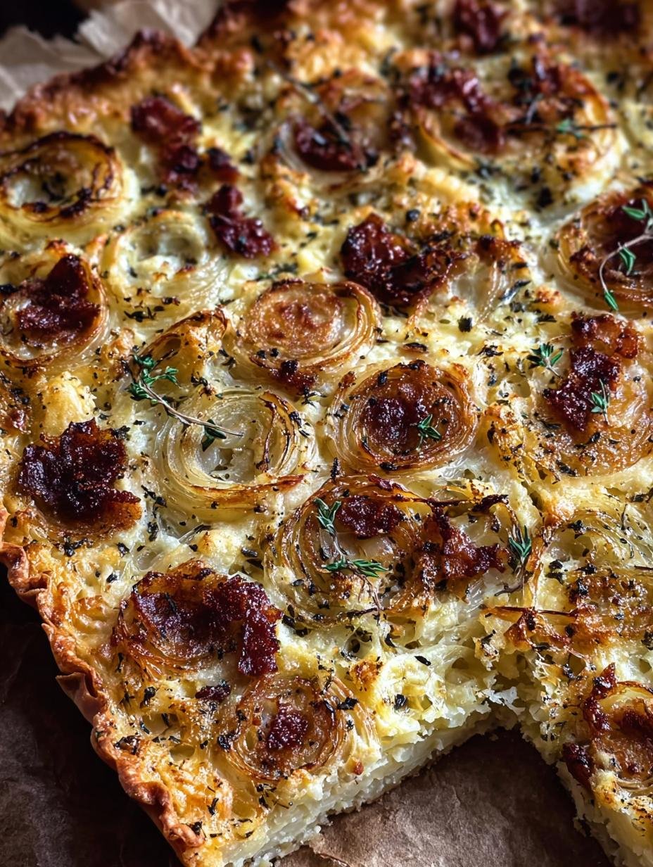 Heerlijke Zwiebelkuchen Vom Blech Ohne gist, vers uit de oven, gesneden in porties op een bakplaat, klaar om te serveren.