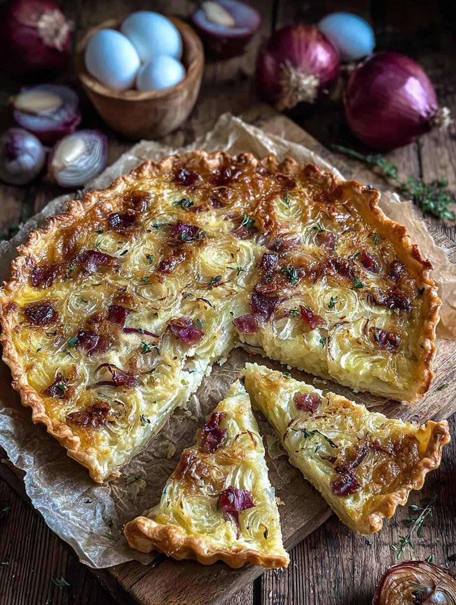 Close-up van een portie Zwiebelkuchen Vom Blech Ohne gist met romige uienvulling en een goudbruine bovenkant, geserveerd op een bord.