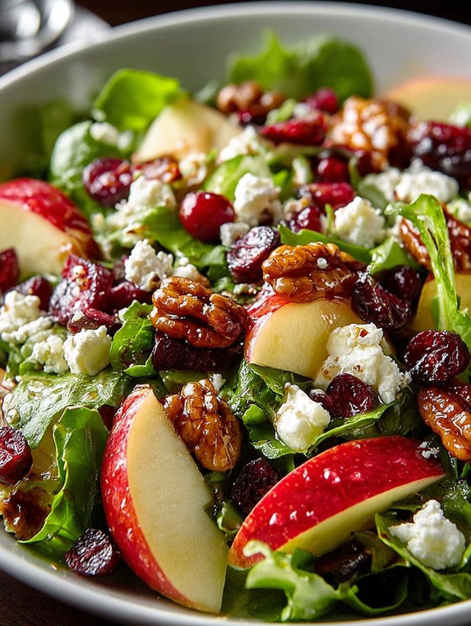 Close-up van de textuurrijke Apple Cranberry Walnut Salad met walnoten, cranberry's en feta