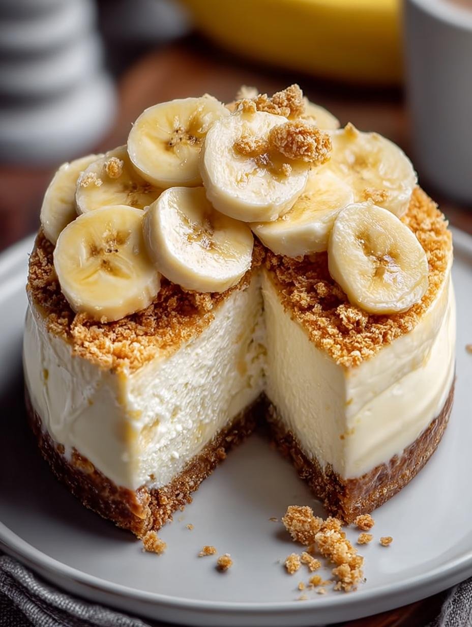 Close-up van een perfect gesneden plak Banana Pudding Cheesecake met lagen