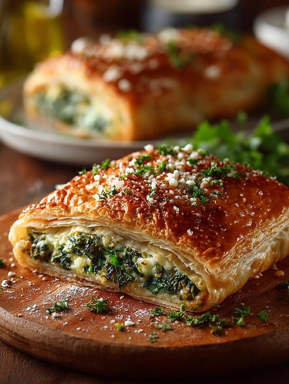 Bladerdeeg Recepten Hartig Vegetarisch: Close-up van een perfect gebakken bladerdeegflapje met spinazie en feta vulling