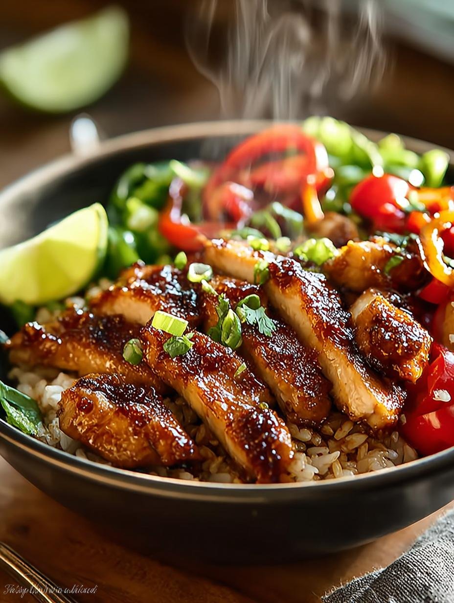 Close-up van een heerlijke Cajun Honing Kip Bowl met rijst, kip en verse lente-uitjes