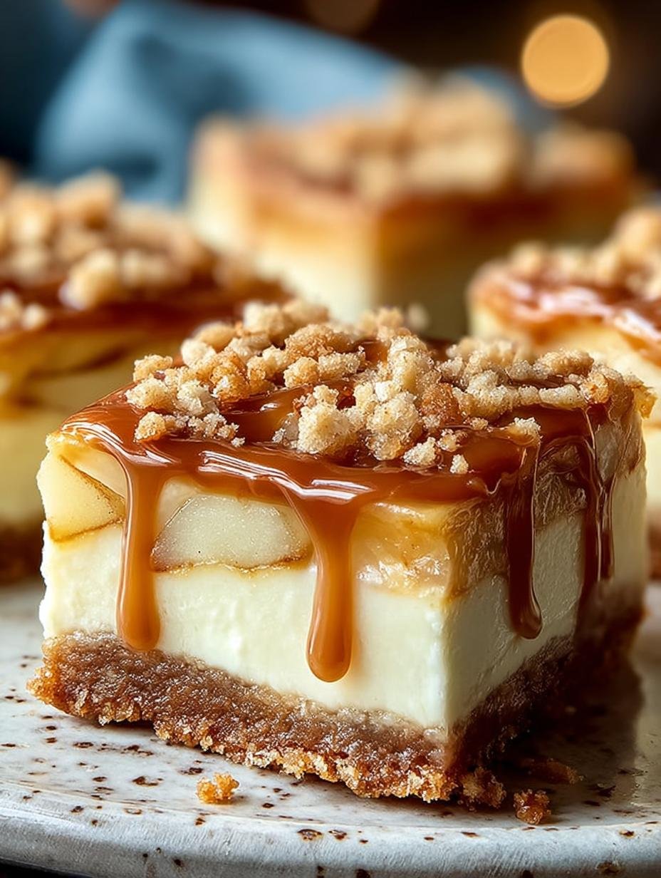 Verrukkelijke Caramel Apple Cheesecake Bars met een gouden karamellaag en verse appelstukjes, klaar om te serveren