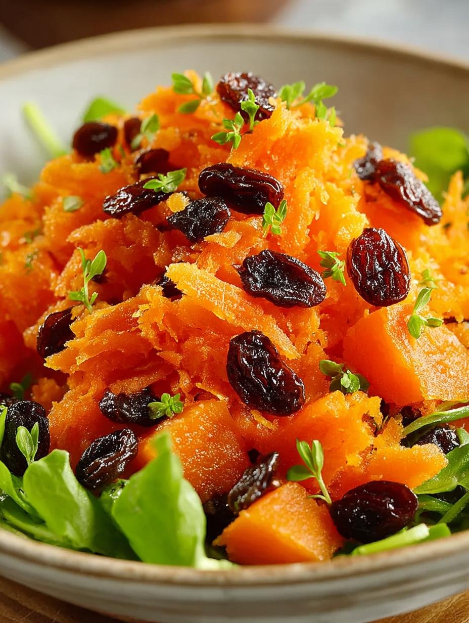 Levendige Wortel Rozijnen Salade met romige dressing en verse wortels, een heerlijke oude favoriet