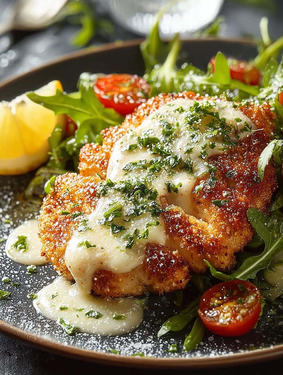 Heerlijke goudbruine Chicken Romano met romige saus en verse kruiden, klaar om te serveren.