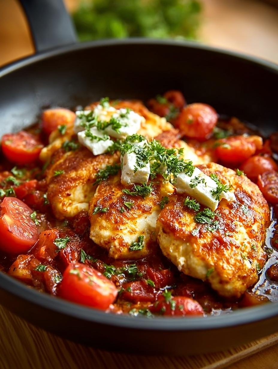 Verrukkelijke Chicken Saganaki Greek Style: 1 Pan Wonder - Chicken Saganaki Greek Style - close-up van de gesmolten feta en tomatensaus