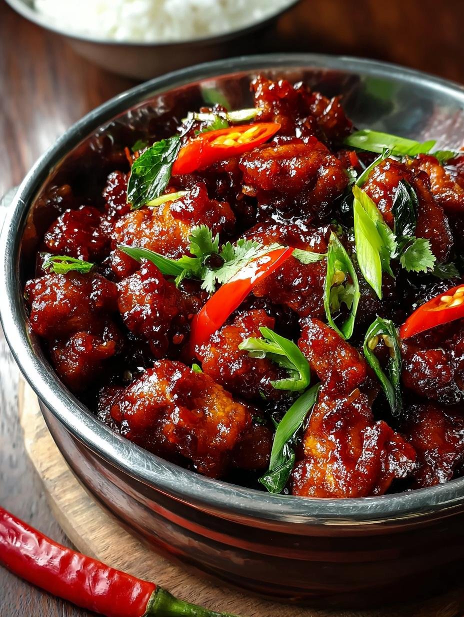 Ongeëvenaarde Chilli Chicken: 12 Magische Stappen - Chilli Chicken - een close-up van een bord met perfect gebakken, glanzende Chilli Chicken gegarneerd met verse koriander en sesamzaadjes, klaar om te serveren