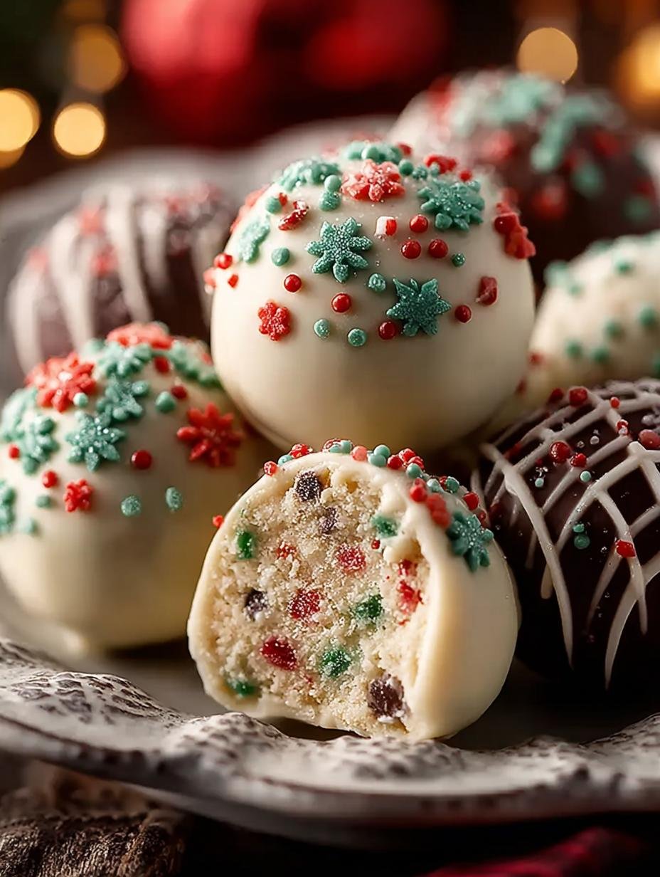 Heerlijke en feestelijke Christmas Tree Cake Truffles met rode en groene sprinkles op een witte schaal