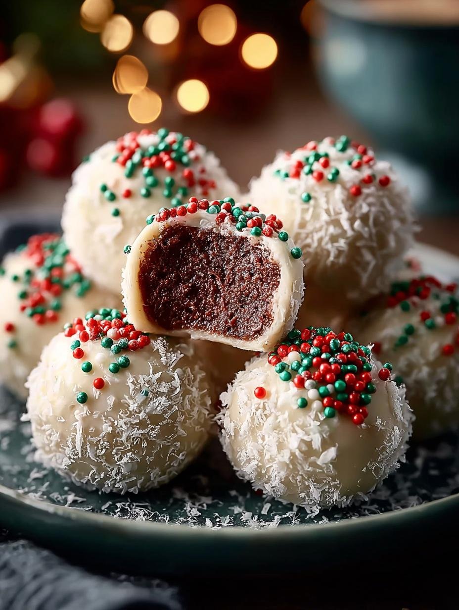 Close-up van prachtig versierde Christmas Tree Cake Truffles met rode en groene sprinkles