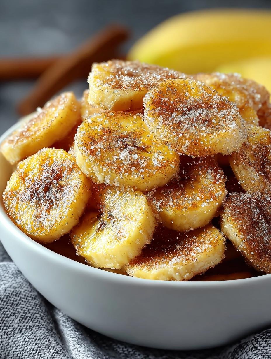 Close-up van Cinnamon Sugar Air Fryer banaan chips op een schaal, klaar om te serveren