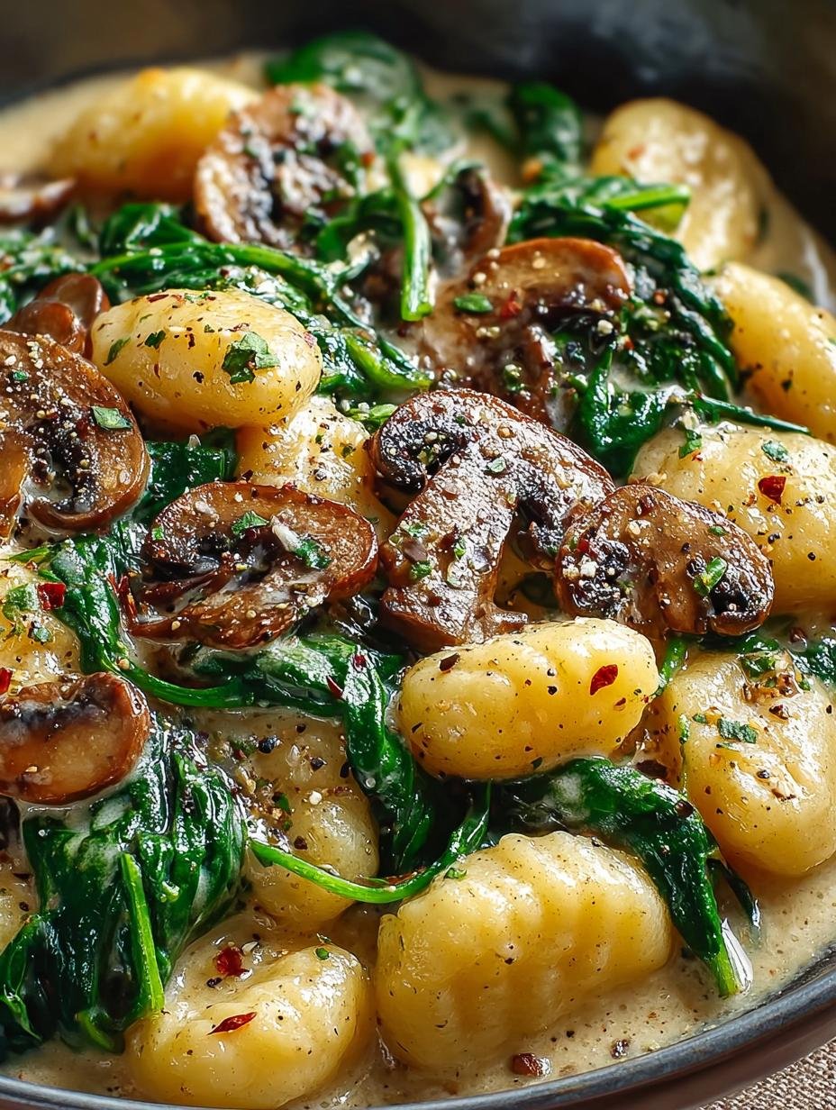 Geweldige Creamy Spinach Mushroom Gnocchi in 20 min! - Close-up van romige gnocchi met spinazie en champignons