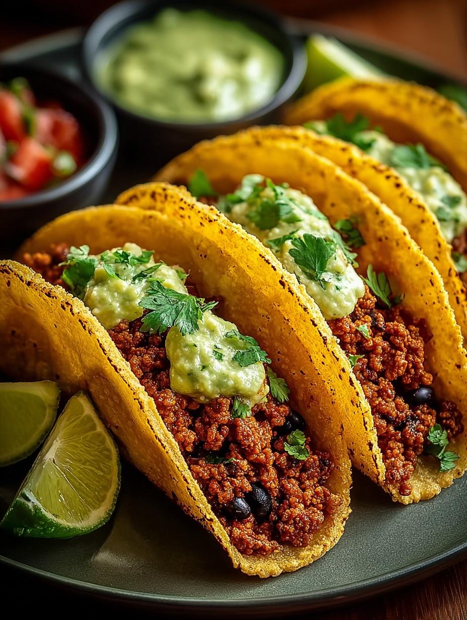Heerlijke Crispy Baked Ground Turkey taco's met verse koriander en romige avocadosaus, klaar om te serveren.