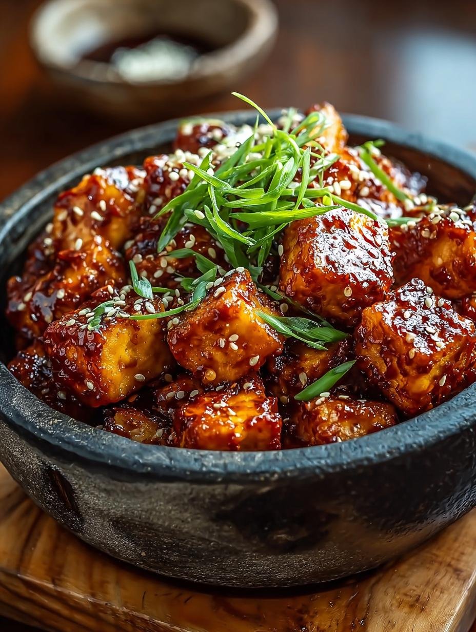 Heerlijke Crispy Gochujang Korean Tofu geserveerd met rijst en lente-uitjes