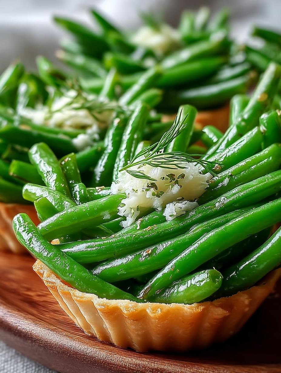 Close-up van een individueel Familienfreude Grune Bohnen hapje, perfect gebakken en gegarneerd met verse dille