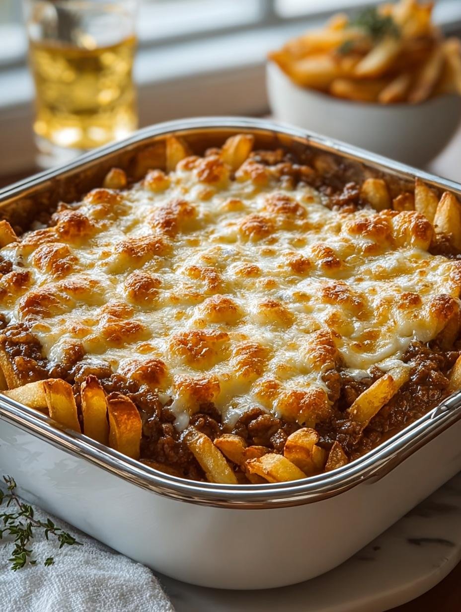 Detailopname van de knapperige frietjes bovenop de French Fry Casserole, perfect goudbruin gebakken.