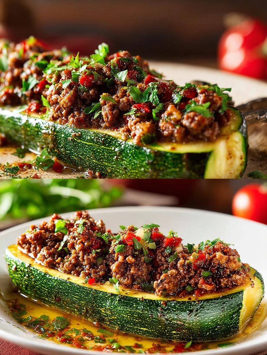 Ongekend Heerlijke 4 Gefüllte Zucchini Met Hackfleisch - Een close-up van twee perfect gebakken gevulde courgettes met gehakt, rijkelijk bestrooid met gesmolten kaas en verse kruiden, klaar om te serveren.