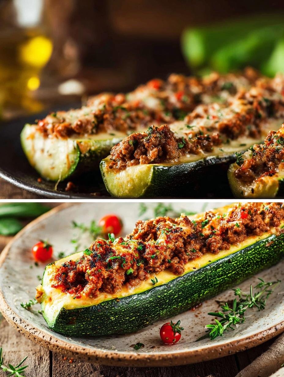 Ongekend Heerlijke 4 Gefüllte Zucchini Mit Hackfleisch - Een ovenschaal gevuld met vier halve courgettes, rijkelijk gevuld met een hartig gehaktmengsel en bedekt met gesmolten kaas, net uit de oven.