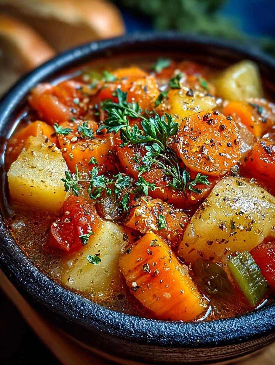 Verrukkelijke Gemutlicher Herbstgemuse Eintopf in een kom, klaar om te serveren