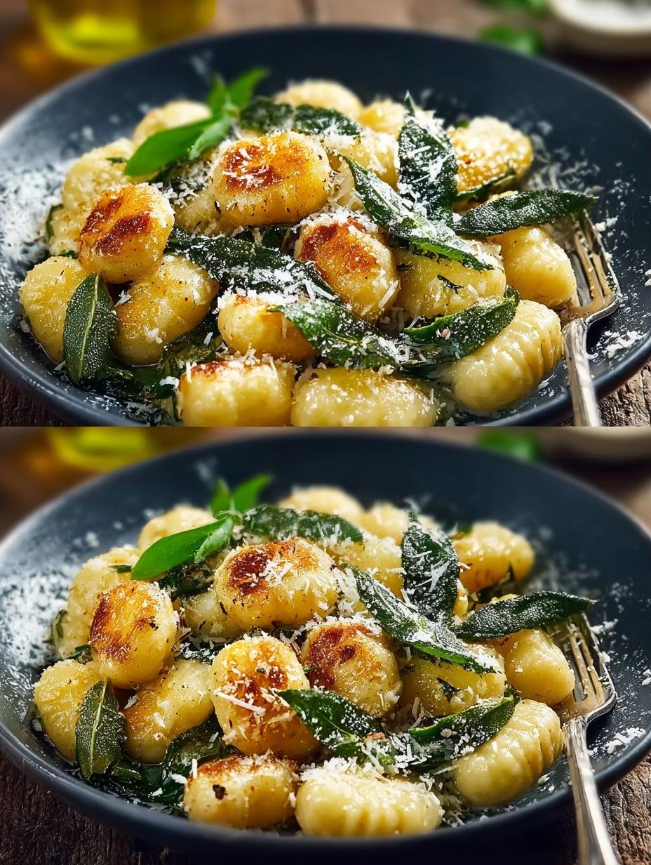 Goddelijke Italiaanse Gnocchi Mit Salbei, perfect gebakken in een pan met verse salieblaadjes en gesmolten boter, klaar om te serveren
