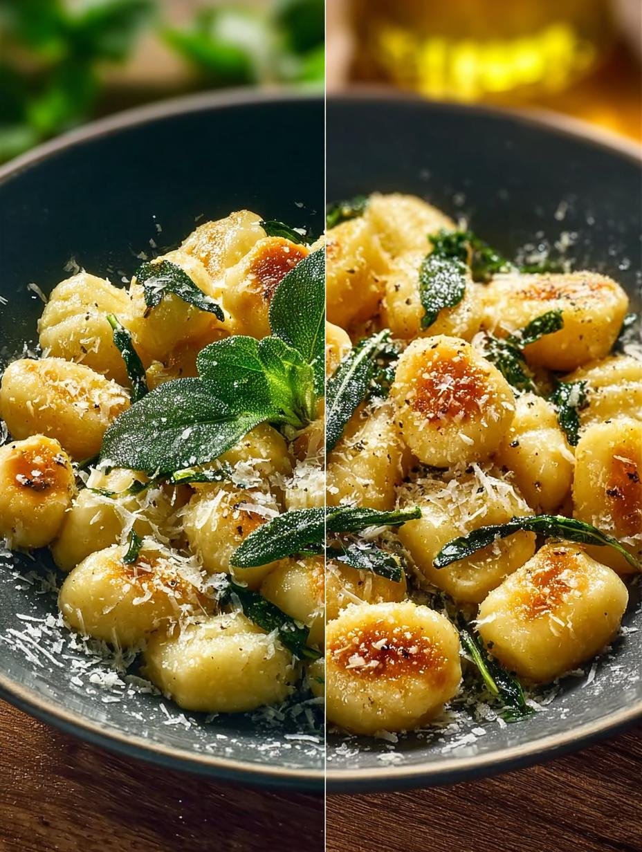 Close-up van perfect gegaarde Gnocchi Mit Salbei Italienische, rijk bedekt met bruine boter en verse salieblaadjes, geserveerd in een witte kom