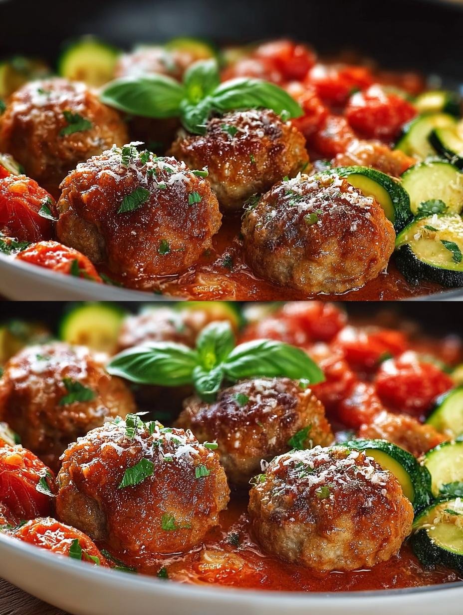Heerlijke Hackfleisch Rezepte Low Carb gehaktballetjes met courgette in tomatensaus, klaar om te serveren