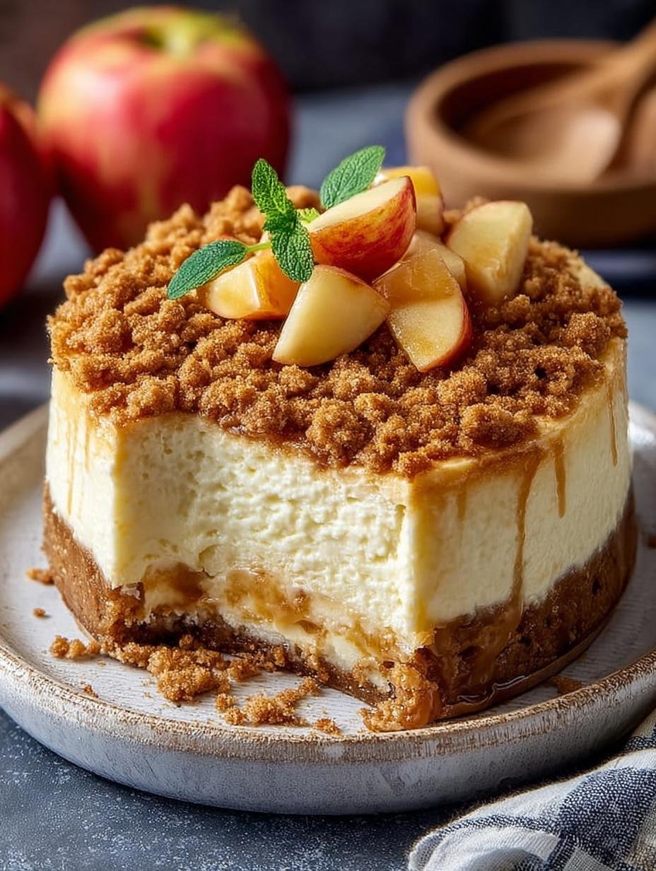 Onweerstaanbare Apple Crumble Cheesecake: 1 Goddelijk stuk - Irresistible Apple Crumble Cheesecake - een close-up van een gesneden stuk cheesecake met de lagen duidelijk zichtbaar