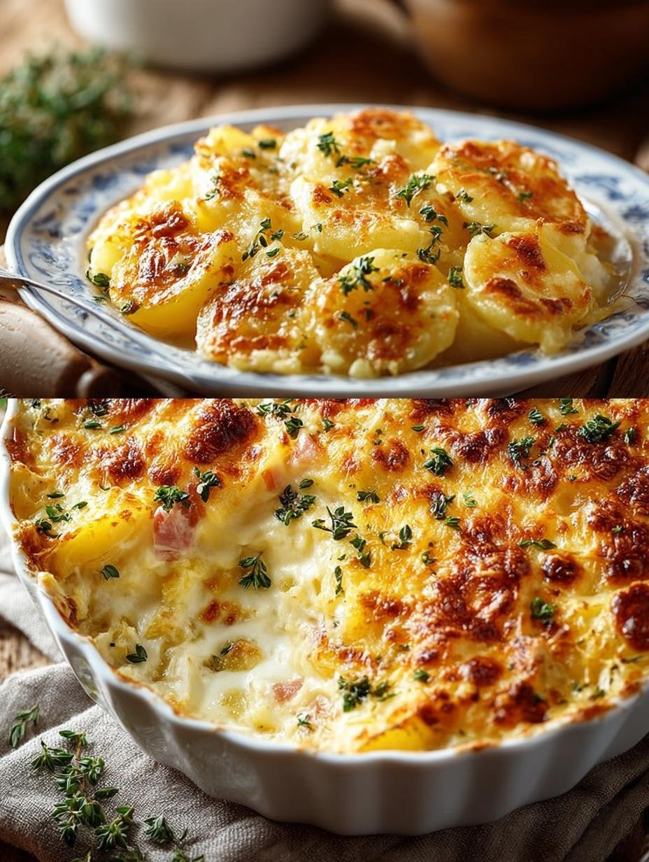 Verrukkelijke Kartoffelauflauf Rezepte Cremiger Auflauf, goudbruin gebakken met gesmolten kaas en verse kruiden, klaar om te serveren