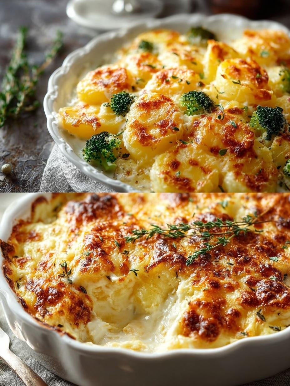 Close-up van een portie Kartoffelauflauf Rezepte Cremiger Auflauf met gesmolten kaas en ham, geserveerd op een bord