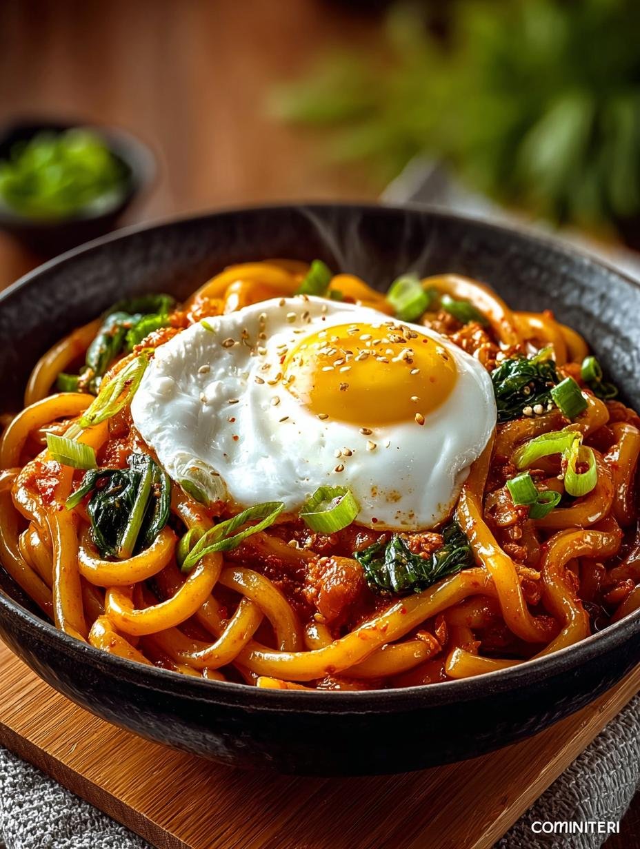 Sublieme Kimchi Udon Noodle Stir in 7 stappen - Kimchi Udon Noodle Stir - een prachtig opgemaakt bord met de Kimchi Udon Noodle Stir, gegarneerd met een gebakken ei, bosui en sesamzaadjes, klaar om te serveren.