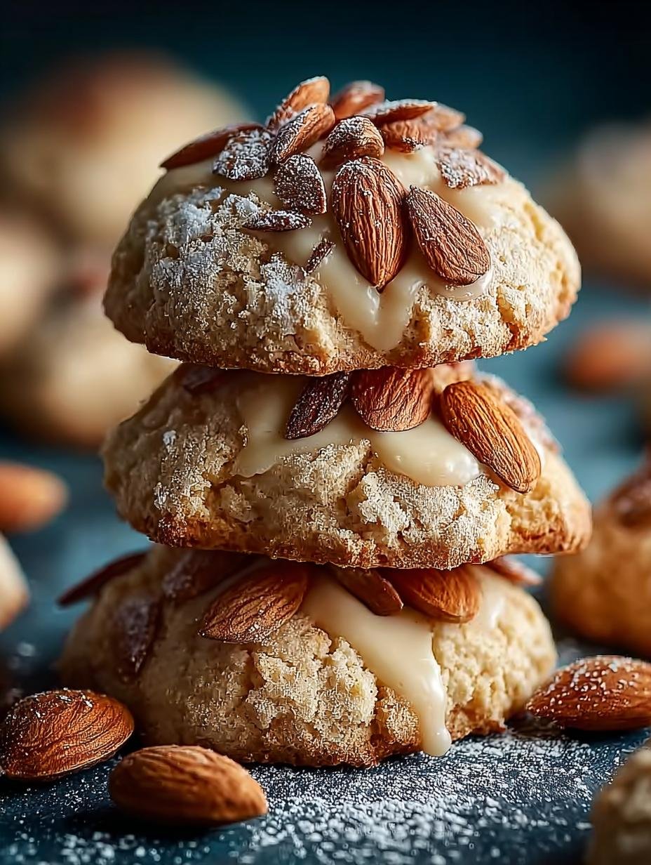 Heerlijke Marzipan Wolkenplaetzchen Mit Mandeln vers uit de oven, bestrooid met poedersuiker en gehakte amandelen, klaar om te serveren.