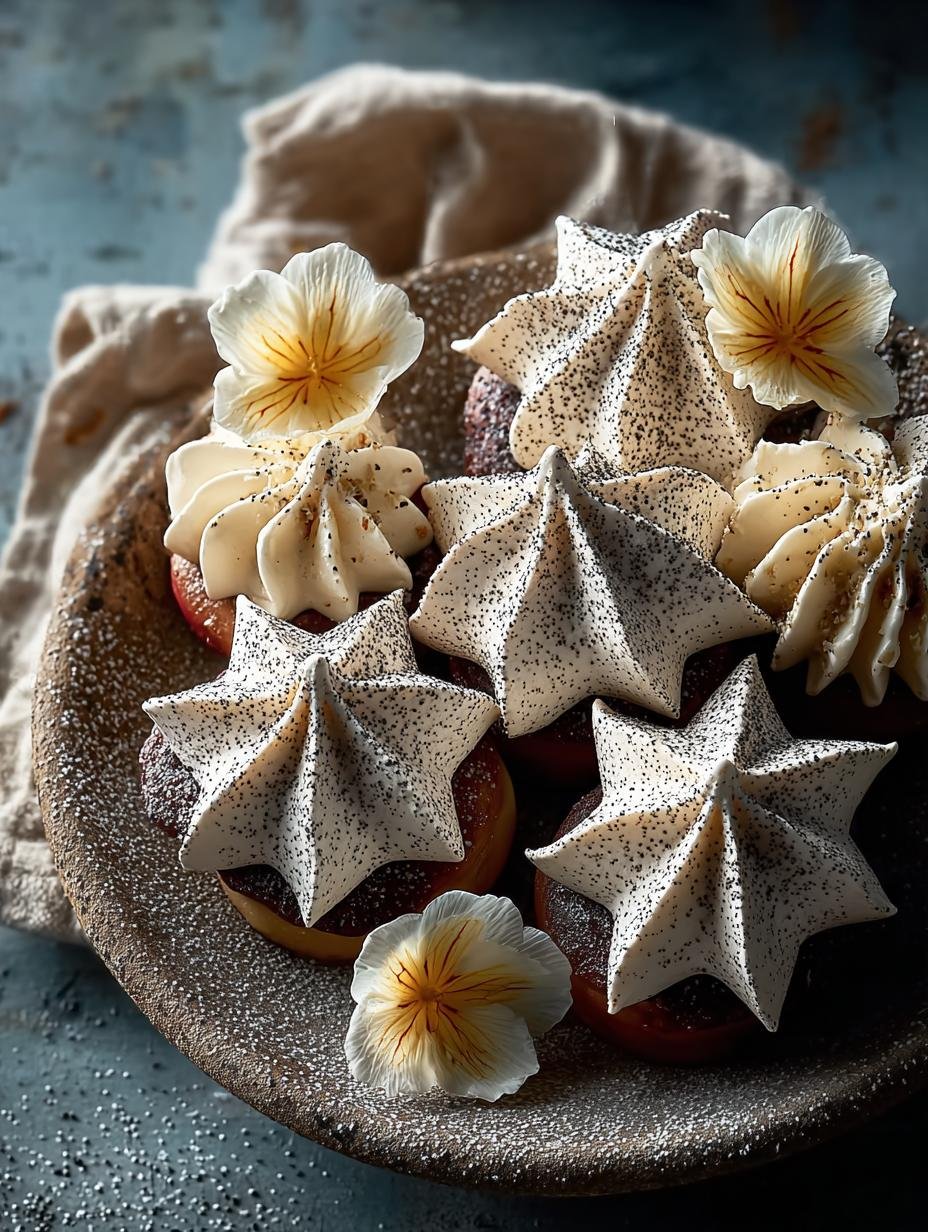 Close-up van Mohn Baiser Sterne Mit, met de knapperige baiser en maanzaad textuur duidelijk zichtbaar