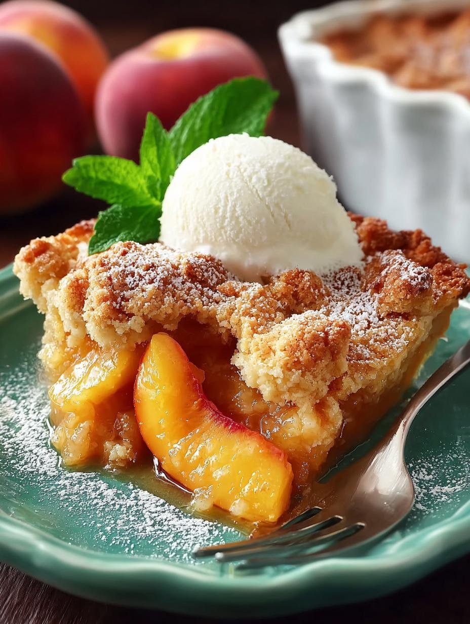 Moms Peach Cobbler: 15 min zalige nostalgie - Een heerlijke, warme Moms Peach Cobbler met een gouden, knapperige topping, geserveerd in een ovenschaal.