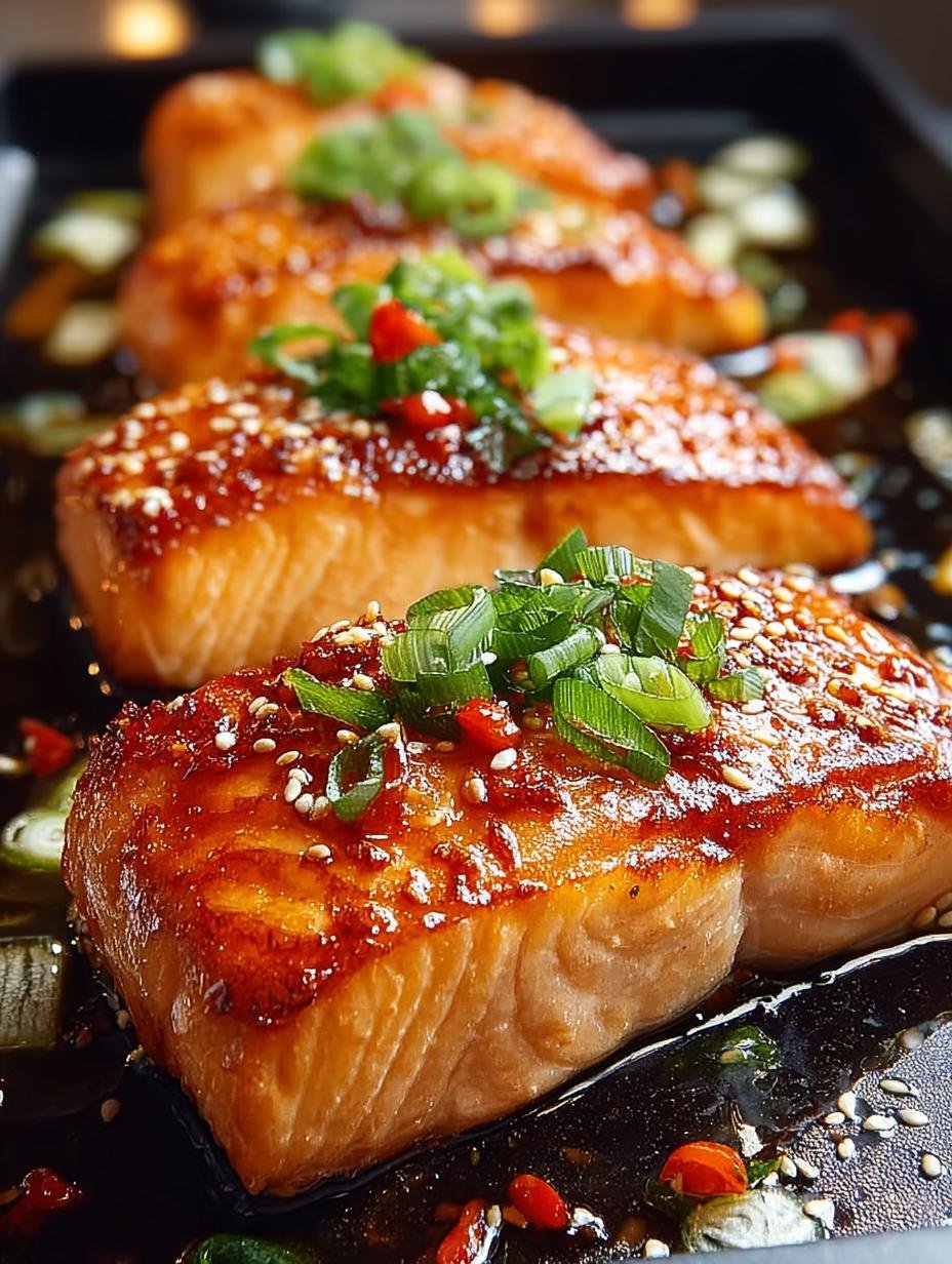 Close-up van perfect gegrilde Orange Teriyaki Salmon met een glanzende saus en verse kruiden