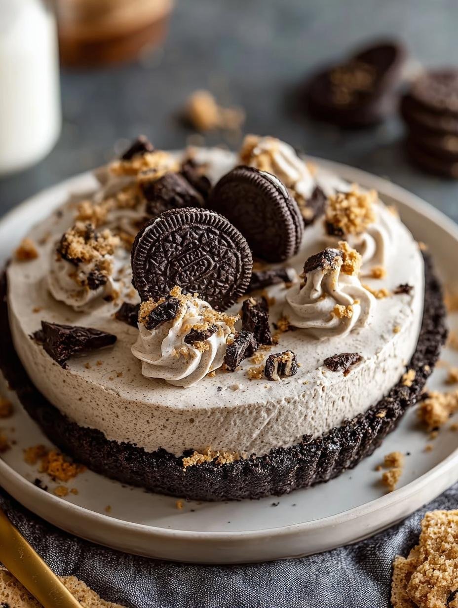 Ultieme Oreo Pindakaastaart: 1 Buitenaards Lekker Dessert - Oreo Peanut Butter Pie - close-up van een gesneden stuk taart met garnering