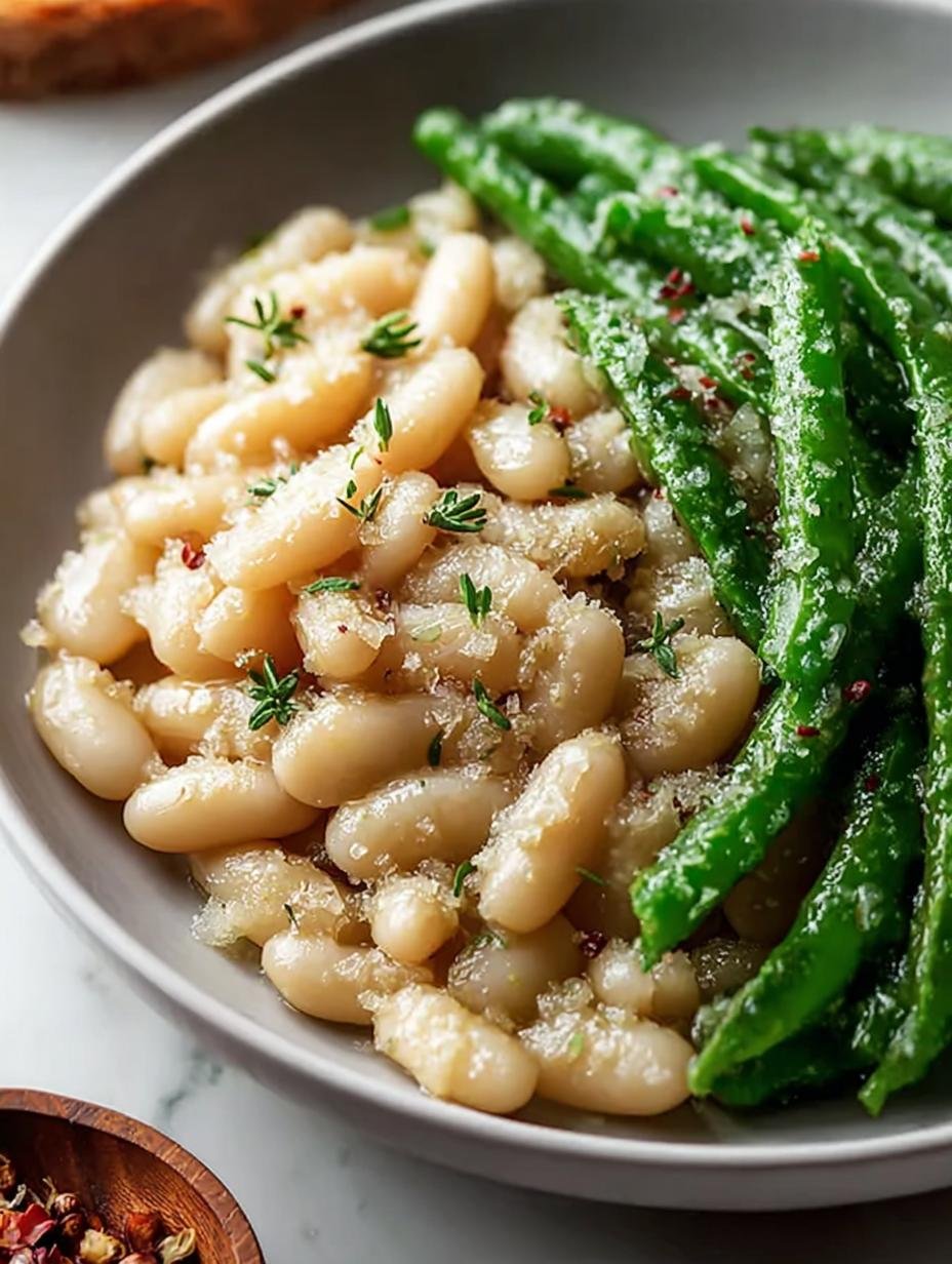 Heerlijke Parmezaanse bonen in een witte kom, klaar om te serveren, met een lepel