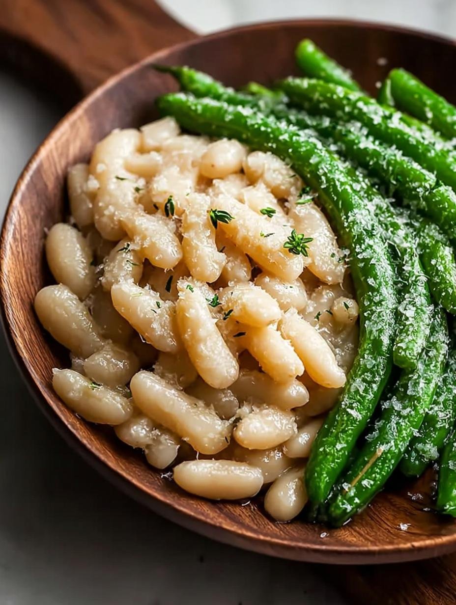 Close-up van romige Parmezaanse bonen in een pan, met verse kruiden