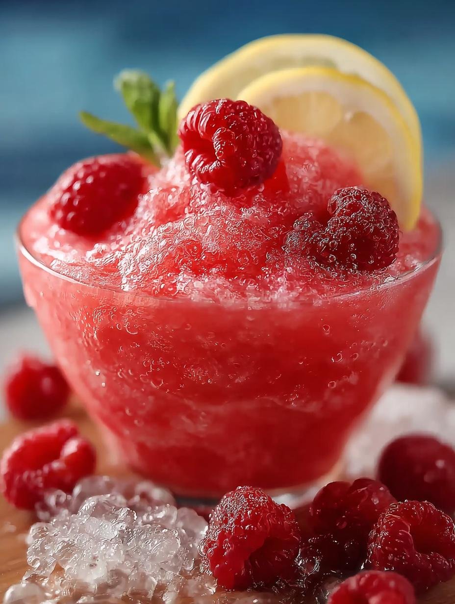 Verfrissende Raspberry Lemonade Slushie met verse frambozen en citroen in een glas, perfect voor de zomer