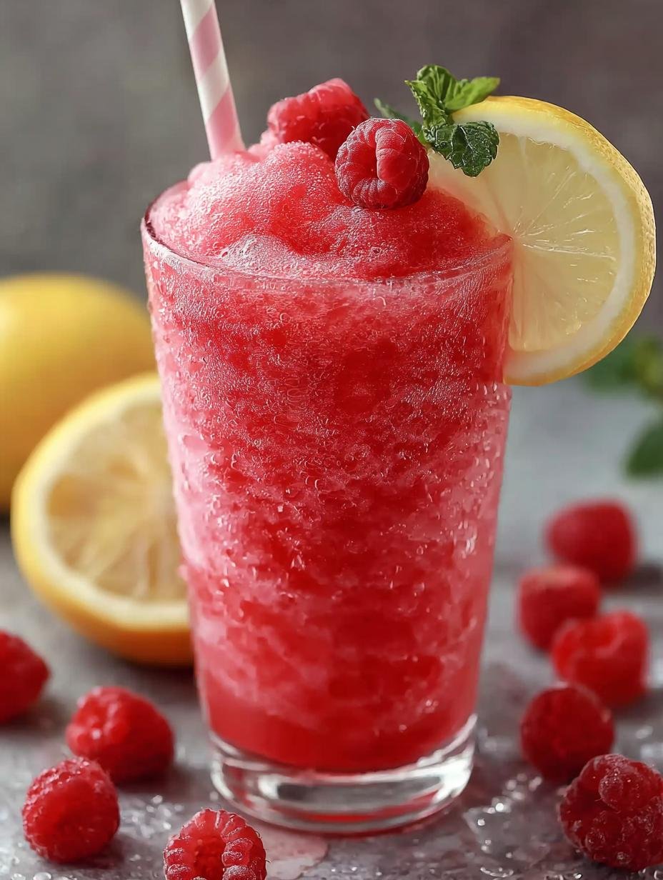 Twee glazen Raspberry Lemonade Slushie met rietjes en frambozengarnituur, klaar om te serveren