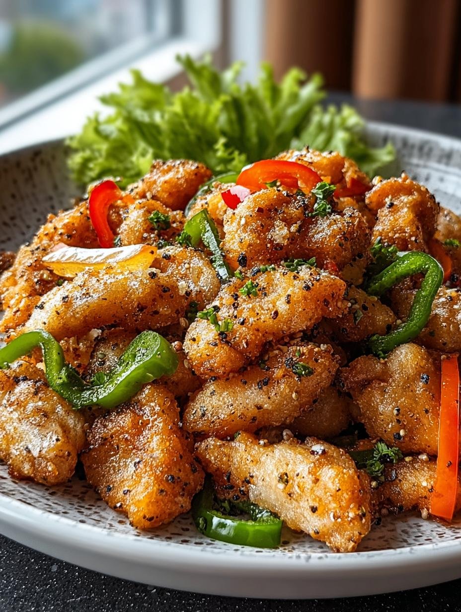 Close-up van perfect gebakken Salt Pepper Chicken stukjes met paprika en ui, klaar om te proeven