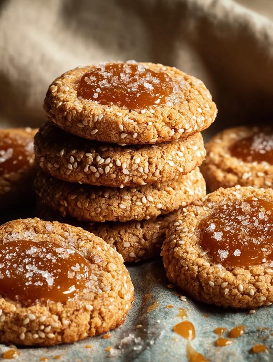 Close-up van Salted Caramel Sesame Cookies met zichtbare sesamzaadjes en karamelstukjes