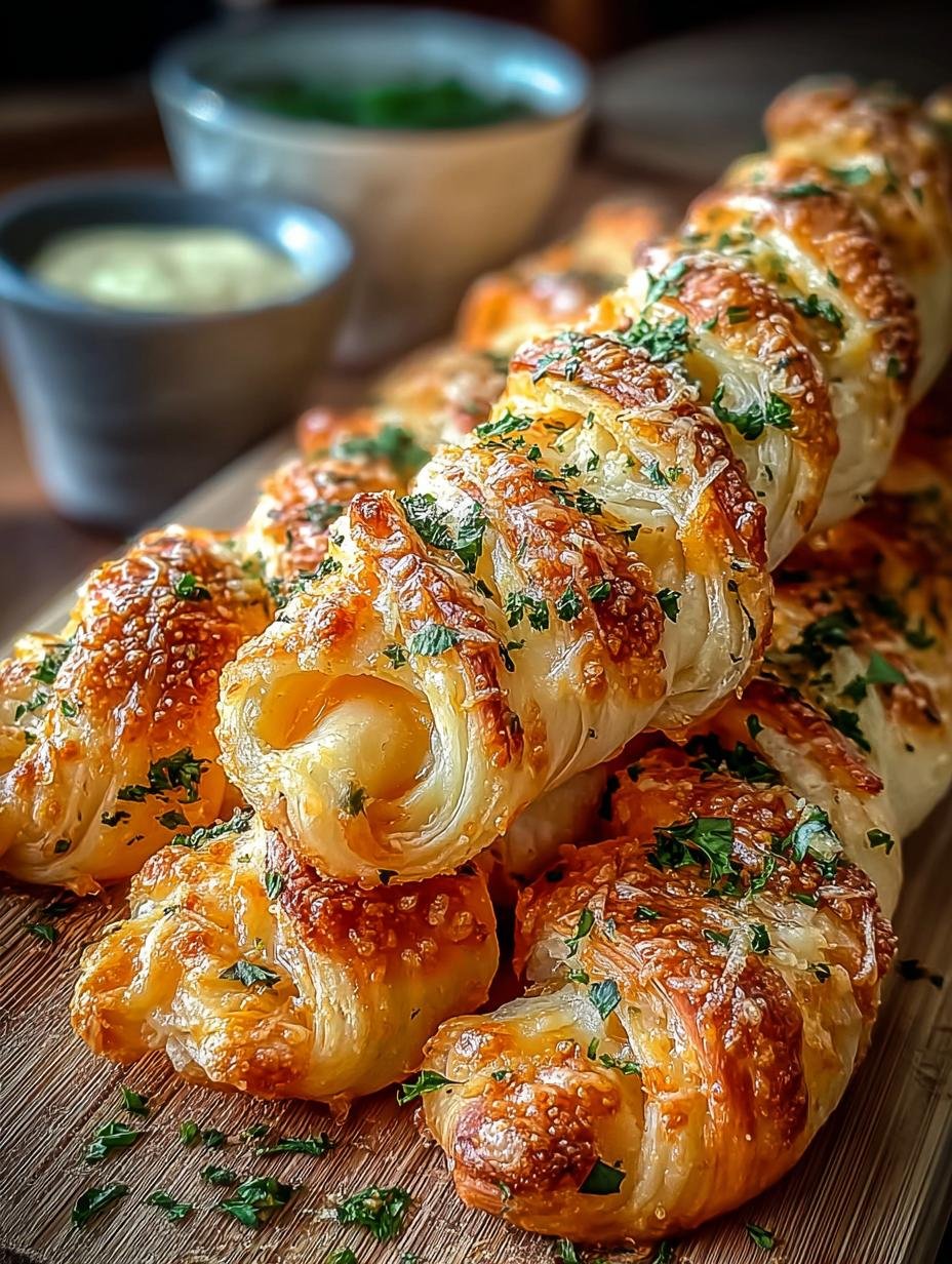 Snelle Knoblauchbrot Drehungen Aus op een serveerschaal met verse peterselie en Parmezaanse kaas