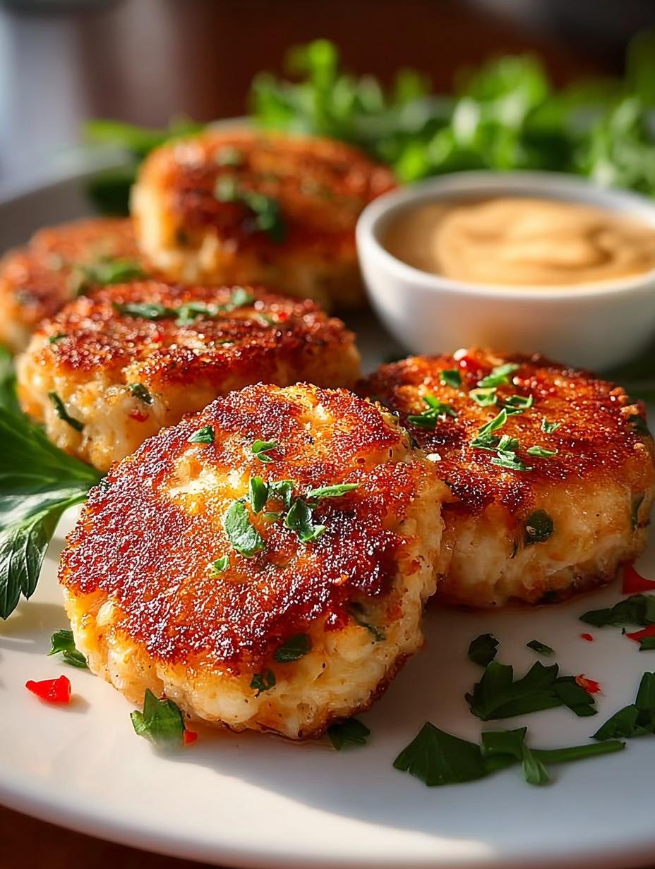 Heerlijke goudbruine Shrimp Cakes met verse kruiden en citroenpartjes, klaar om te serveren
