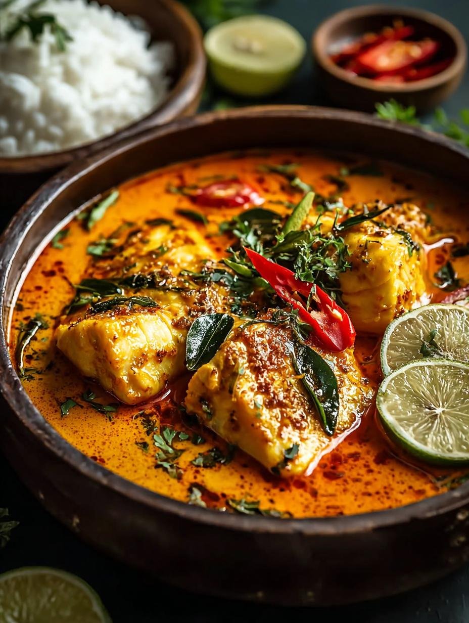 Close-up van Sri Lankaanse Viscurry met verse koriander en rode chili, klaar om te serveren