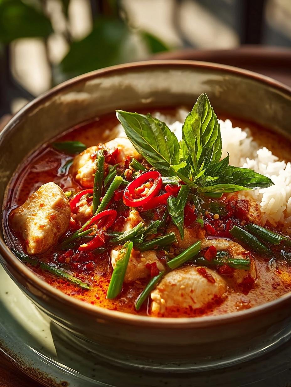 Heerlijke Thaise Jungle Curry met kip en verse groenten geserveerd met rijst, klaar om te eten.