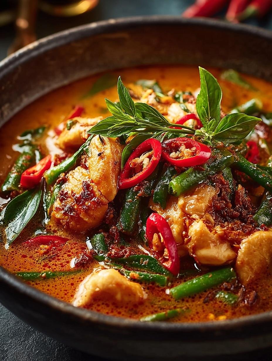 Close-up van een kom Thaise Jungle Curry met rijst, Thaise basilicum en rode pepers.